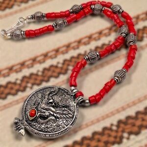 Ethnic Vintage Nepali or Tibetan Silver and Coral Necklace Dragon Repoussé
